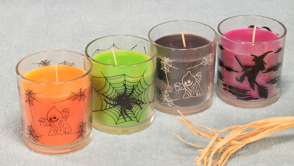 4 verschillende HALLOWEEN kaarsen in glas (nep spin gratis)