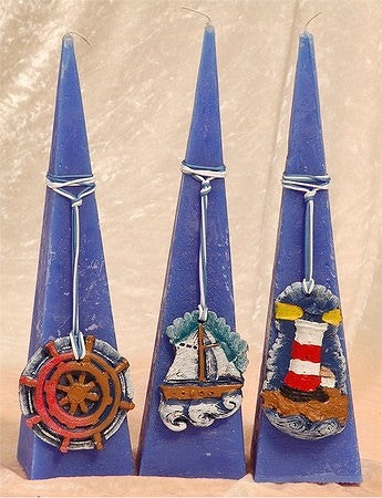 Zee kaars, BLAUW, met stuurwiel, piramide 30 cm