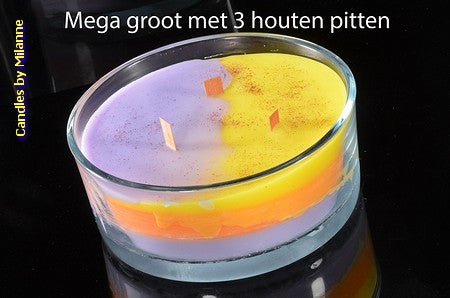 TRI-COLORE+ Houten Pit kaars RONDE XXLschaal met  3 pitten